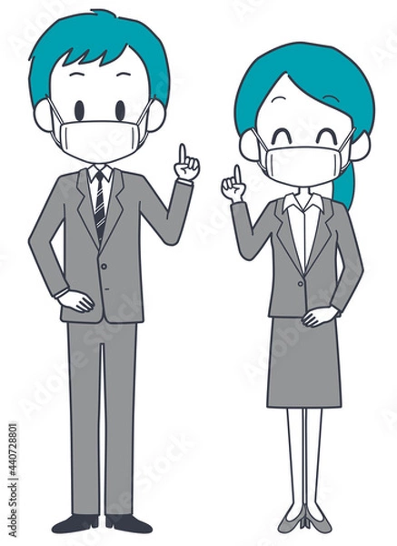 Obraz 提案をするマスクを着けたスーツ姿の男女