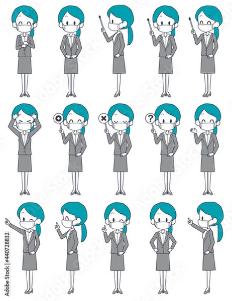 Obraz マスクを着けたスーツ姿の女性の表情セット