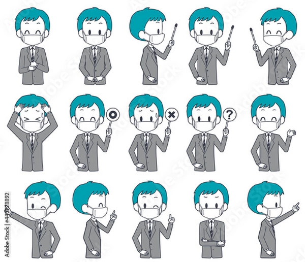 Obraz マスクを着けたスーツ姿の男性の表情セット