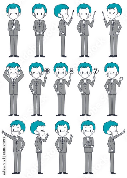 Obraz マスクを着けたスーツ姿の男性の表情セット