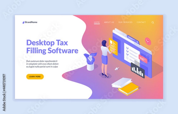 Fototapeta Digital filling documentation. Woman writes tax return data in online application. Convenient web submission business documents. Electronic delivery of test exams. Vector home page isometric template