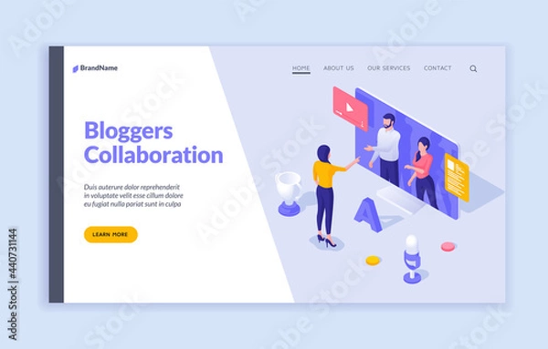 Obraz Online webinars and collaboration with bloggers. Woman asks questions web communication to business professionals. Digital learning with media broadcasts. Vector landing page isometric template