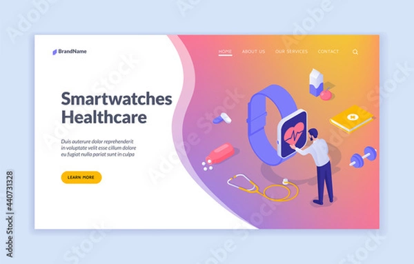 Fototapeta Smart watch with health monitoring. Digital monitoring cardiac load. Man analyzes his pulse on screen gadget. Wireless wrist sensor with heart rate interface. Vector isometric home page template