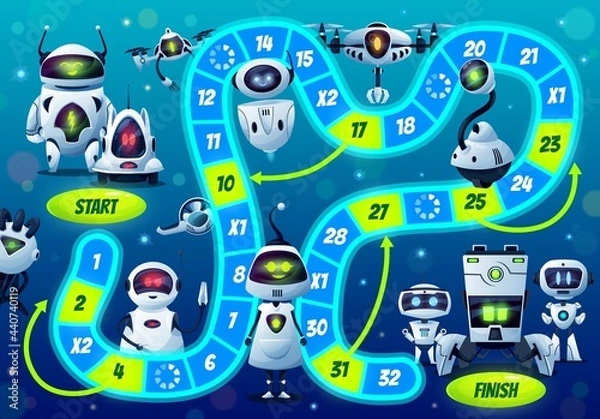 Fototapeta Kids boardgame with robots and droids, vector step board game with cute ai cyborgs, block path, numbers, start and finish. Cartoon educational child riddle worksheet with android futuristic characters
