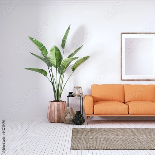Fototapeta Bohemian design modern interior with Cozy Couch, White Planks Floors and House Plants. Empty Frame Mockup, Art and Print Mockup.