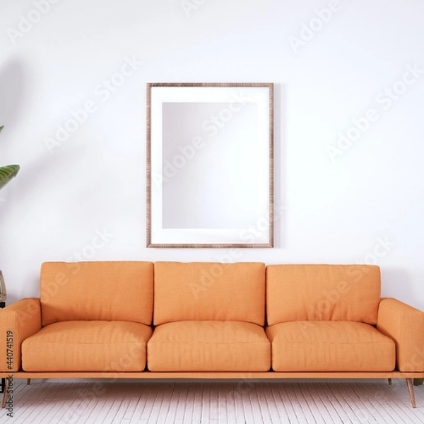 Obraz Bohemian design modern interior with Cozy Couch, White Planks Floors and House Plants. Empty Frame Mockup, Art and Print Mockup.