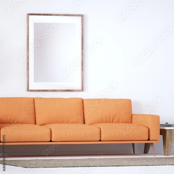 Fototapeta Bohemian design modern interior with Cozy Couch, White Planks Floors and House Plants. Empty Frame Mockup, Art and Print Mockup.