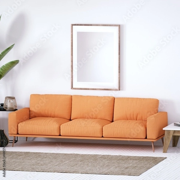 Obraz Bohemian design modern interior with Cozy Couch, White Planks Floors and House Plants. Empty Frame Mockup, Art and Print Mockup.