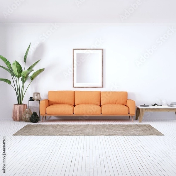 Fototapeta Bohemian design modern interior with Cozy Couch, White Planks Floors and House Plants. Empty Frame Mockup, Art and Print Mockup.