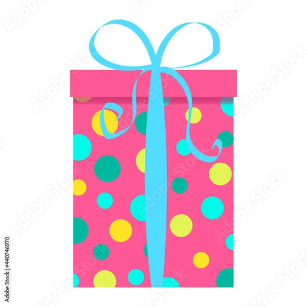 Obraz pink gift box with a pattern of circles and a ribbon with a bow. vector illustration isolated on white background. multicolored