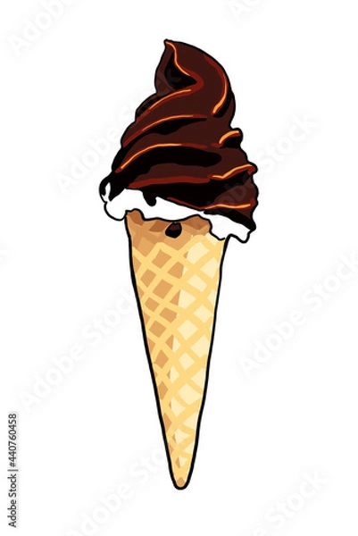 Fototapeta Danish soft Ice cream in a waffle cone - drawing of Ice cream - vanilla with chocolate glaze