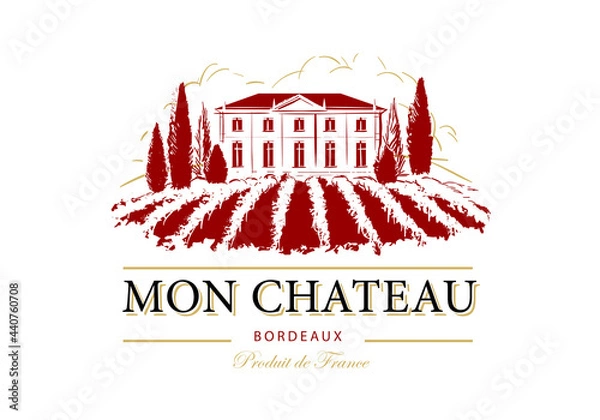 Obraz Wine label template with beautiful mansion, garden and vineyard