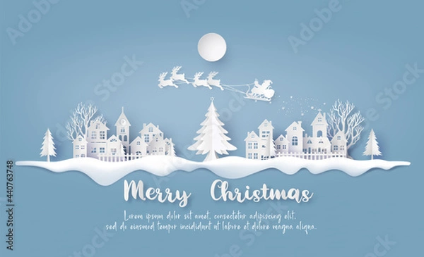 Fototapeta  Merry Christmas Snow Village Scene in Paper Art Style