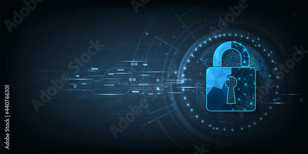 Fototapeta  Cyber security design.Visualization of cyber security With Padlock  lock on dark blue background.Cyber security and Technology concept.Vector illustration.Eps10