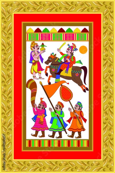 Fototapeta worriers getting ready or heading for war,  Kalamkari Indian traditional folk art on linen fabrics