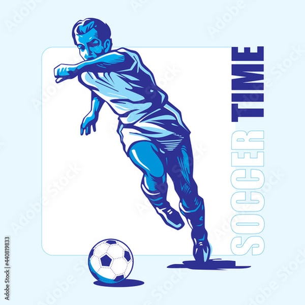 Fototapeta The model on a football subject. The football player conducts a ball across the field. The person on soccer. Three colors.
