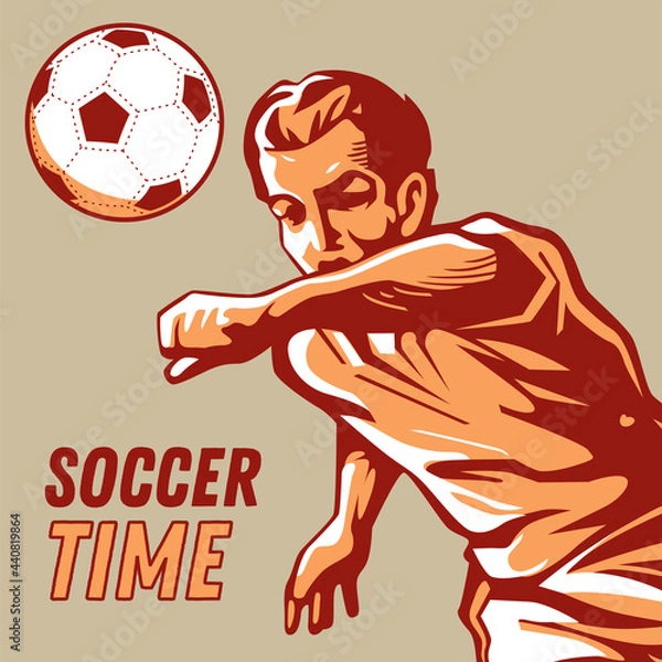 Fototapeta The model on a football subject. The football player conducts a ball across the field. The person on soccer. Three colors.