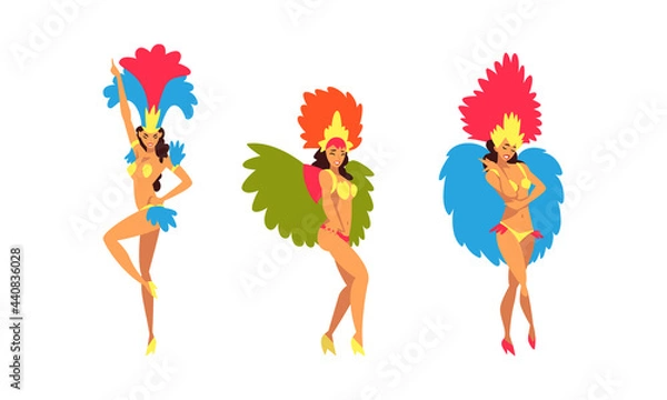 Fototapeta Bright Brazilian Female Samba Dancer Posing in Feathered Costume Vector Set