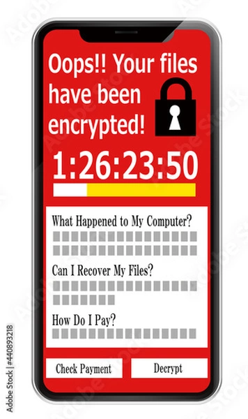 Obraz ランサムウェア ウイルスに感染した画面を表示するスマートフォン
