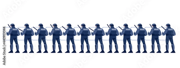Fototapeta Police in Riot Gear Holding the Line. Group riot police with protective gear and shields. Cartoon characters Flat style vector illustration isolated on white background