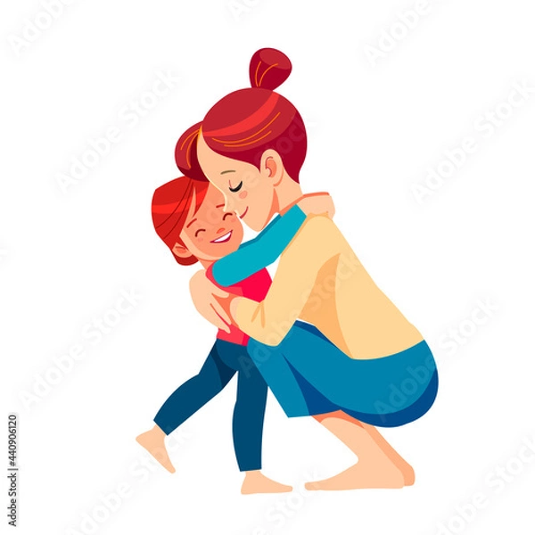 Fototapeta Mother and child. Mom hugging her son with a lot of love and tenderness. Mother's day, holiday concept. Cartoon flat isolated vector design