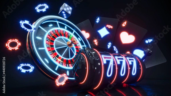 Fototapeta Casino background with neon roulette and chips falling 3d rendering