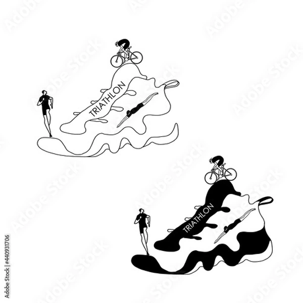 Fototapeta Black flat triathlon logo. Vector figures of triathletes on the background of a sports sneaker isolated on a white background. The symbol of swimming, cycling and running. minimalism