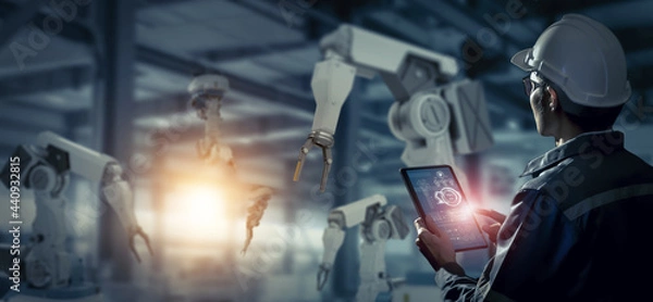 Fototapeta Engineer check and control robotics automatic arms machine in intelligent and smart factory automotive industrial on real time monitoring system software. Digital manufacturing operation. Industry 4.0