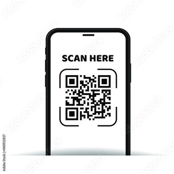 Fototapeta Scanning QR Code with mobile phone and text scan here vector illustration.