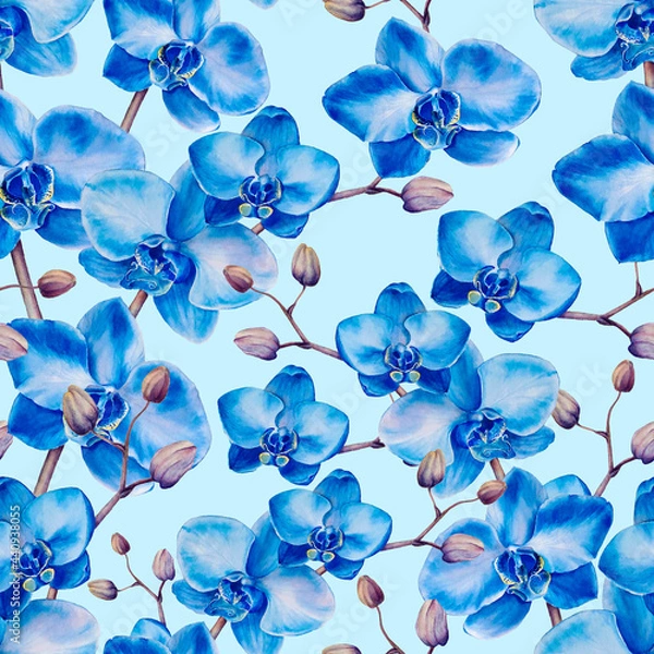 Obraz Watercolor hand painted seamless pattern with blue orchids isolated on blue background. Hyper realistic illustration of tropic plants and flowers, exotic print 