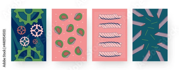 Fototapeta Set of contemporary art posters with different types of pasta. Vector illustration. .Collection of abstract Italian noodles and macaroni in flat colorful design. Food, restaurant, menu, cuisine