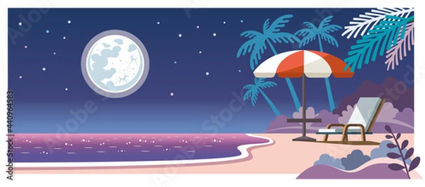 Fototapeta 夜の海とビーチチェアのイラスト素材