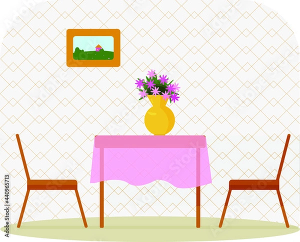 Fototapeta cute room. a table with a vase of flowers and two chairs