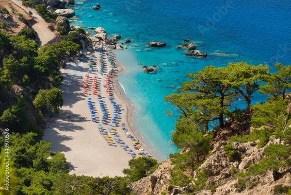 Fototapeta View of the famous Apella beach on the east coast of the Greek island of Karpathos in the Dodecanese archipelago