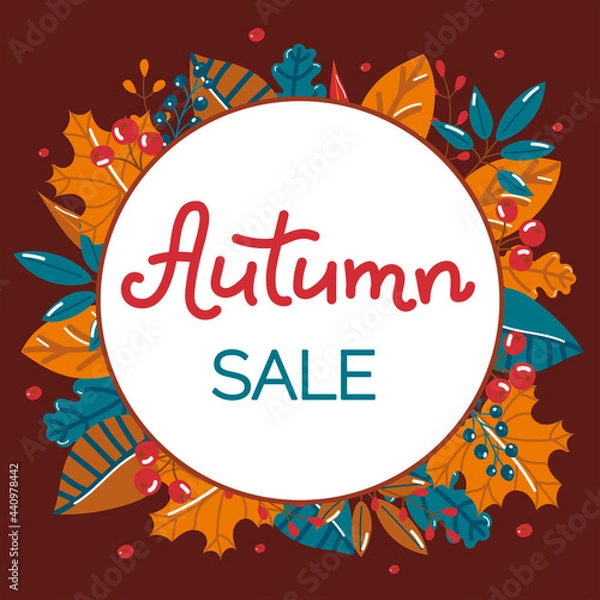 Obraz Autumn sale square banner with lettering and colorful autumn leaves and berries on a dark background. Vector illustration.