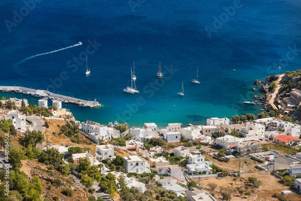 Fototapeta View of Panteli overlooking the bay of the same name on the east coast of the Greek island of Leros in the Dodecanese