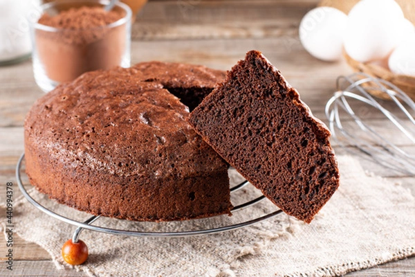 Obraz Clasic chocolate sponge cake, selective focus.