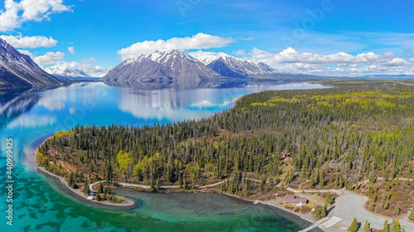 Fototapeta Aerial view of Kathleen Lake in northern Canada, Haines Junction, Yukon Territory on a perfect blue sky day. Taken in June with boreal forest surrounding the stunning lake below. 