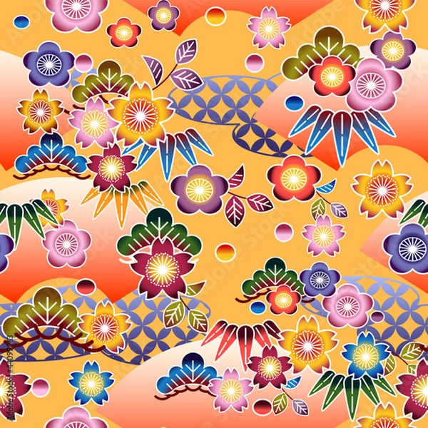 Obraz 紅型　背景　松　竹　梅