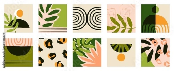 Fototapeta Trendy social media set of ten abstract backgrounds with abstract organic shapes composition in contemporary collage minimal style.