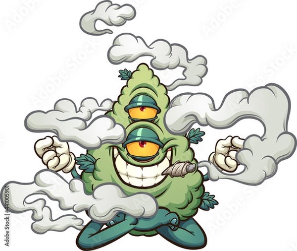 Obraz Marijuana bud character smoking and floating in a lotus flower position. Vector clip art illustration with simple gradients. All on a single layer.
