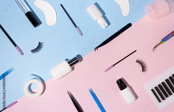 Obraz Artificial eyelashes, patches and tweezers, top view. The concept of the lashmaker, artificial eyelash extension.