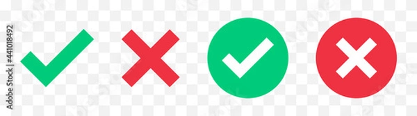 Obraz Green check mark, red cross mark icon set. Isolated tick symbols, checklist signs, approval badge. Flat and modern checkmark design, vector illustration.
