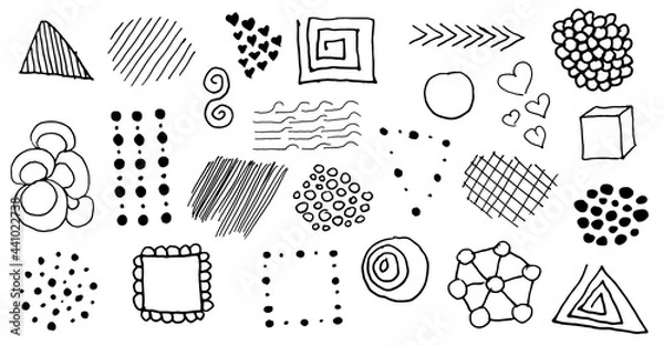 Fototapeta a set of geometric doodles drawn by hand with a black outline, isolated on a white background. 