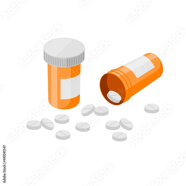Fototapeta Pill bottles and pills. Open plastic pills tube with cap. Meds pills lying down. Drug medication, supplements and medicament. Realistic flat style vector medicine object illustration.