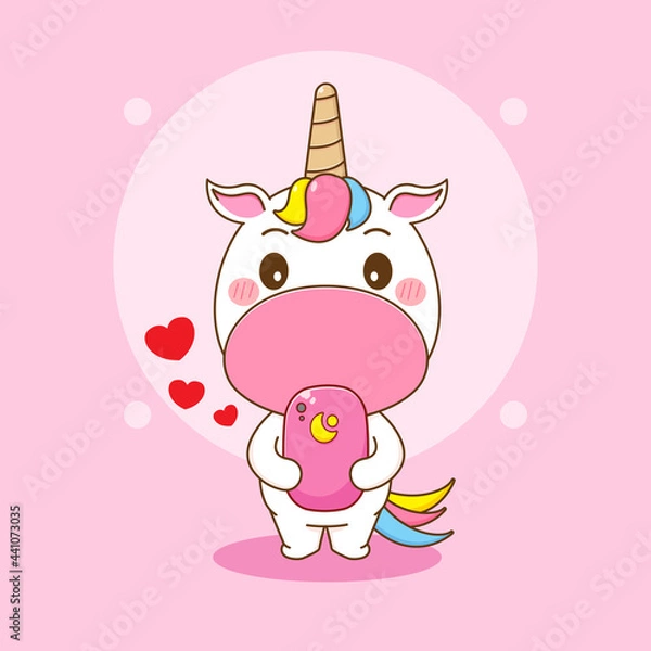 Fototapeta Cute unicorn character playing with smartphone. Cartoon design illustration