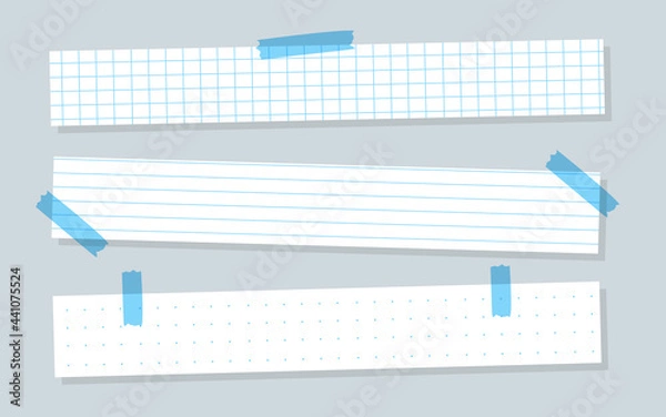 Obraz Pieces white paper with blue lined. Horizontal templates checkered or line sheet. Copybook sheet with dotted and grid patterns. Memo paper with scotch tape. School notebook paper. Vector illustration