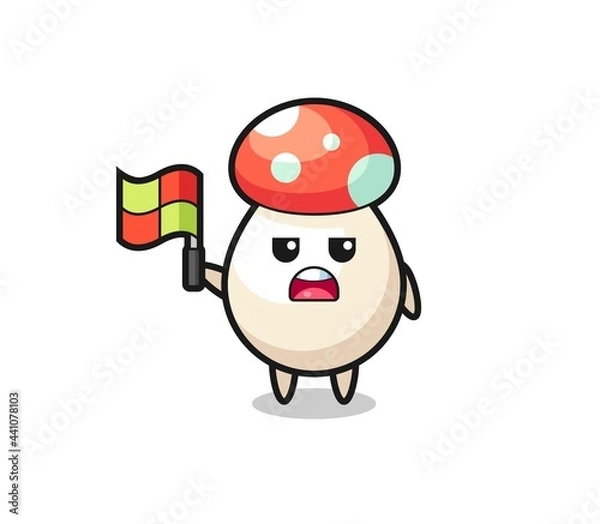 Fototapeta mushroom character as line judge putting the flag up