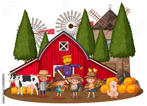 Fototapeta Farmer house with many children and farm animals on white background