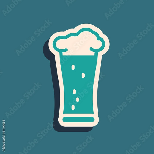 Fototapeta Green Glass of beer icon isolated on green background. Long shadow style. Vector